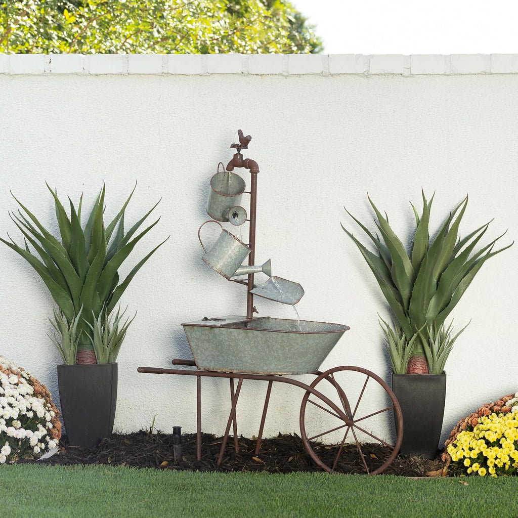 Alpine Corporation MCC574 Outdoor Floor Galvanized Shovel Pitcher Bucket Fountain, 41' Vintage Garden Water Feature, Patio & Backyard Décor, Gray