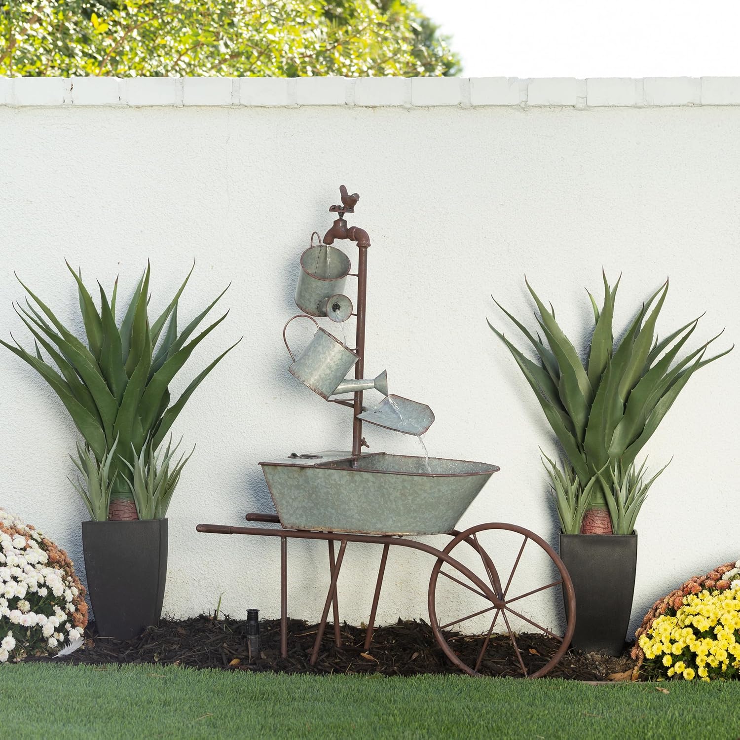 Alpine Corporation MCC574 Outdoor Floor Galvanized Shovel Pitcher Bucket Fountain, 41' Vintage Garden Water Feature, Patio & Backyard Décor, Gray