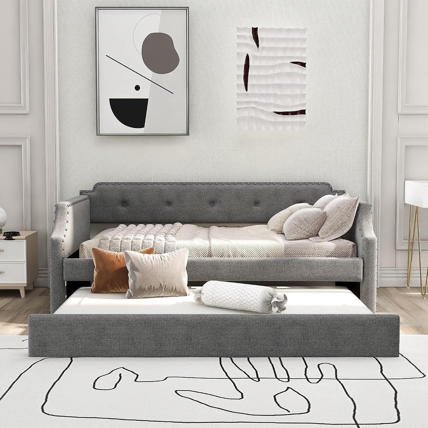 Twin Size Daybed with Trundle, Upholstered Twin Daybed Frame, Sofa Bed for Bedroom Living Room, Gray