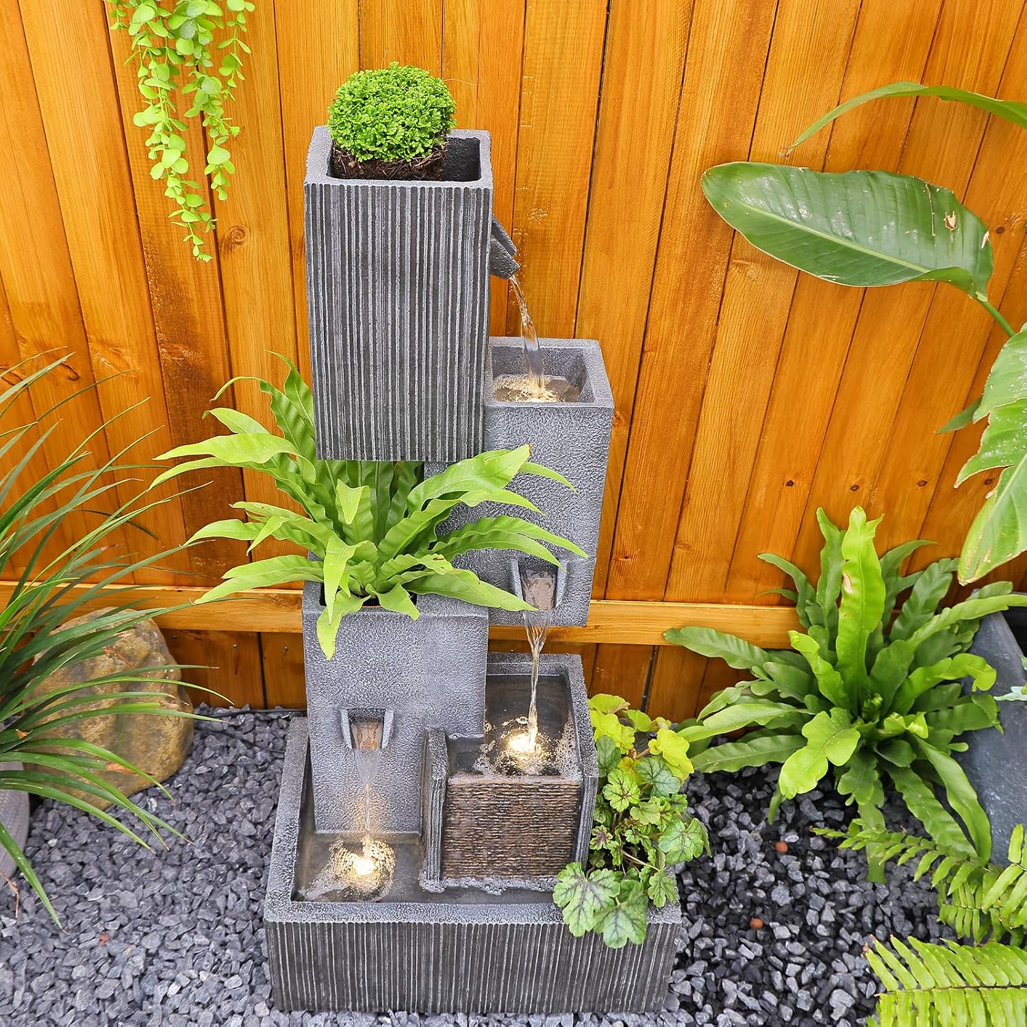 Tankana Tiered Water Fountain Outdoor Garden - Waterfall Patio Freestanding Cascade Fountains Concrete Artistry Modern Style with LED Lights for Yard Pool Home Decor, 41.5 inches Tall