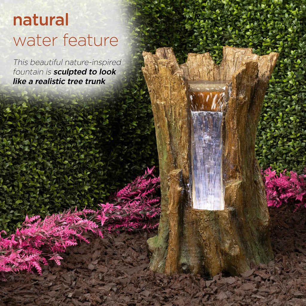Alpine Corporation TZL294 Outdoor Tree Trunk Floor Fountain with Cool White LED Lights, Tiered Garden Decor, 22' H, Brown