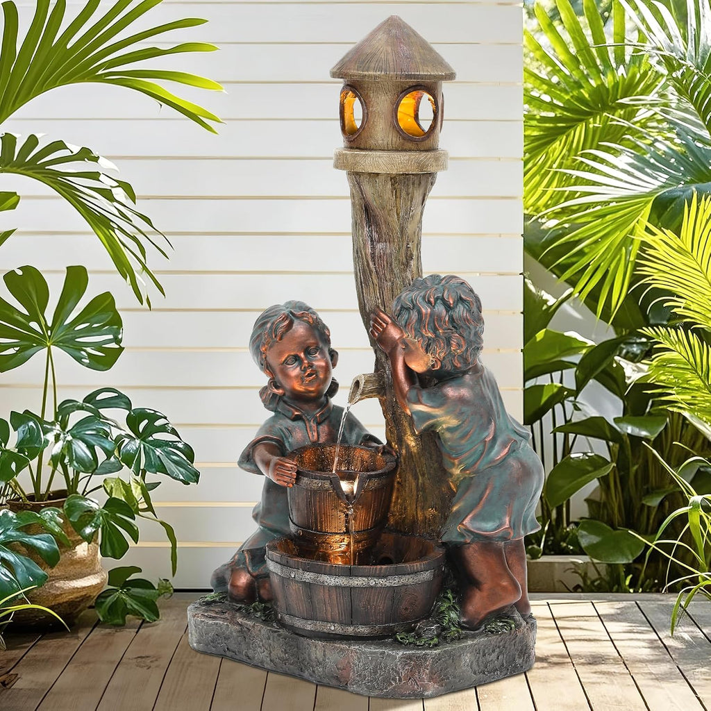 31' Boy & Girl Outdoor Water Fountain with LED Lights, Pagoda and Wood Barrel Garden Fountain, 3-Tier Cascading Waterfall for Tranquil Backyard, Patio or Porch, Faux Bronze Finish