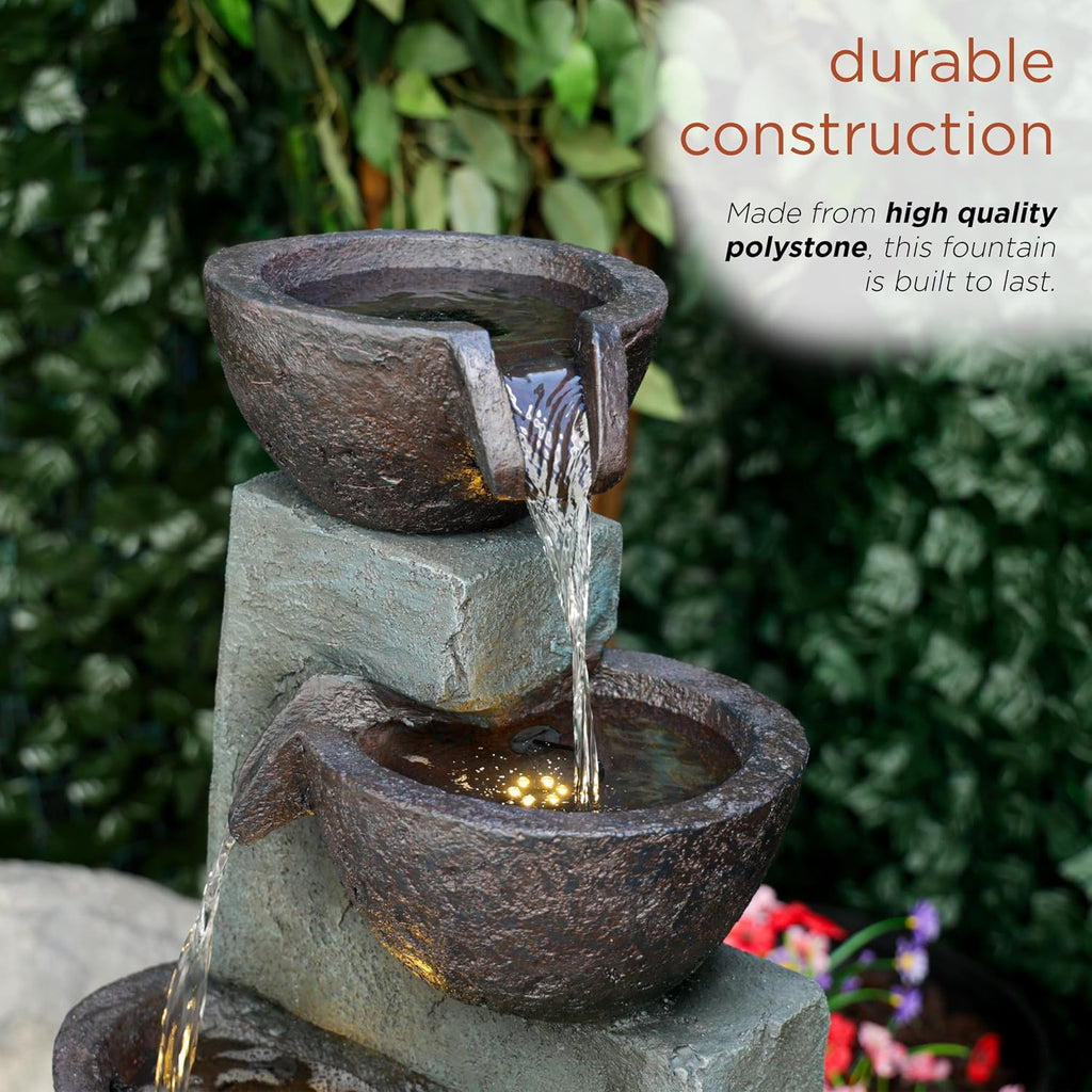 Alpine Corporation 39' Tall 5-Tier Bowls Waterfall Fountain with LED Lights, Elegant Outdoor Water Feature for Garden, Patio, Yard, Gray