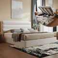 Lift Up Storage Bed King Size, Linen Upholstered Platform Bed with Hydraulic System & Wood Slats Support, King Bed Frame with 3-Panel Headboard, No Box Spring Needed, Easy Assembly, Ivory