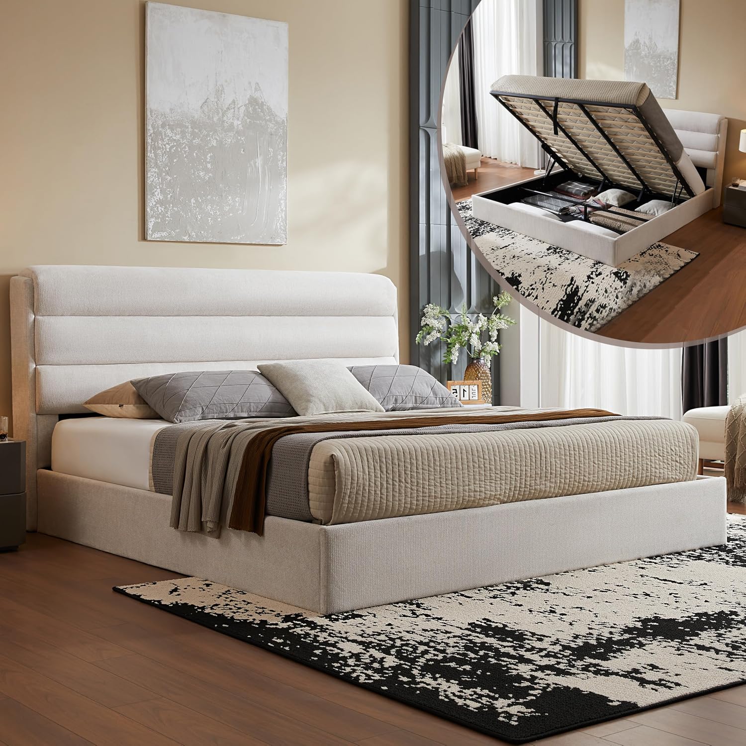 Lift Up Storage Bed King Size, Linen Upholstered Platform Bed with Hydraulic System & Wood Slats Support, King Bed Frame with 3-Panel Headboard, No Box Spring Needed, Easy Assembly, Ivory