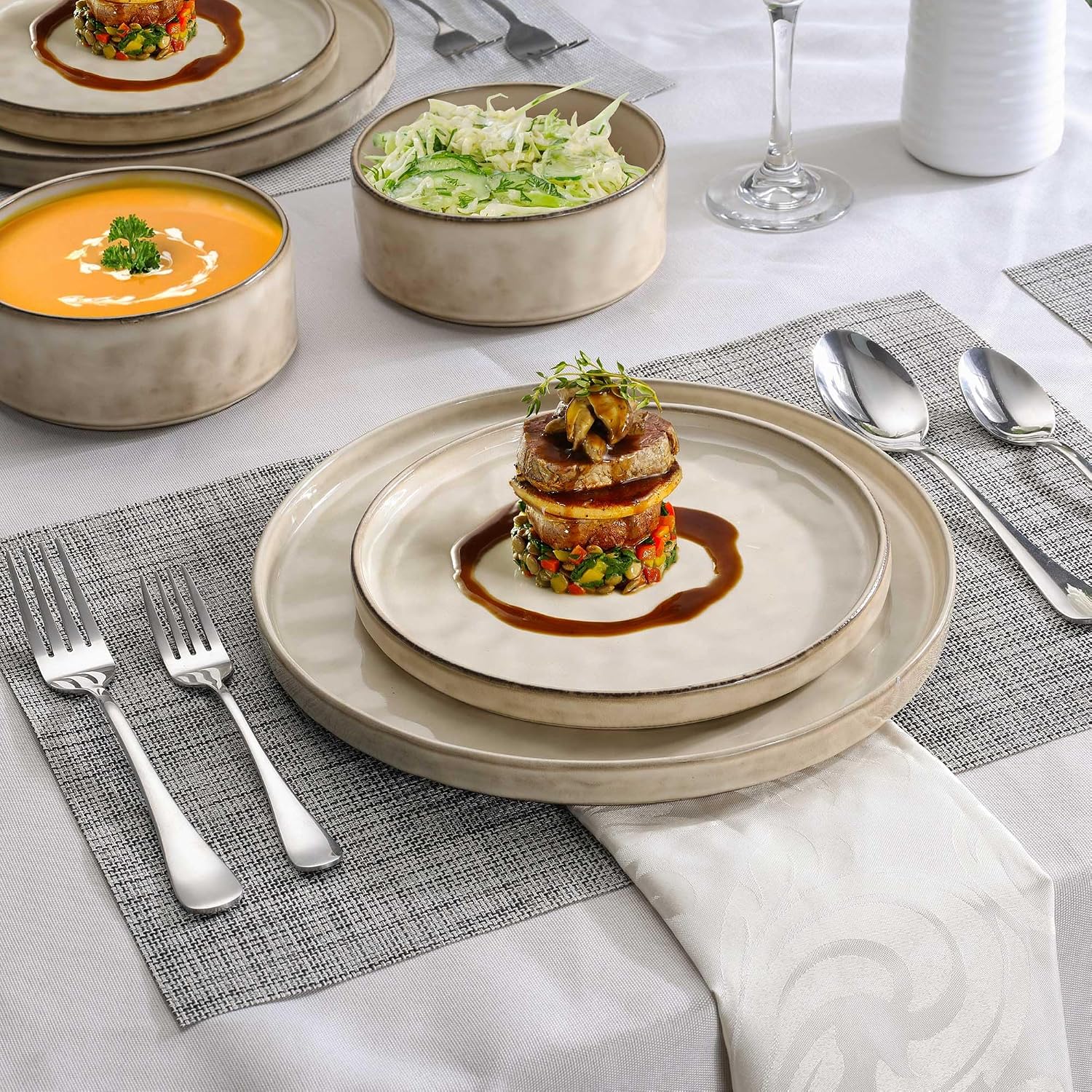 LIANYU Dinnerware Dish Set for 8, 24 Piece Stoneware Plates and Bowls, Ceramic Tableware Sets Includes Dinner Salad Plates, Cereal Bowls, Chip & Scratch Resistant, Sandy Beige