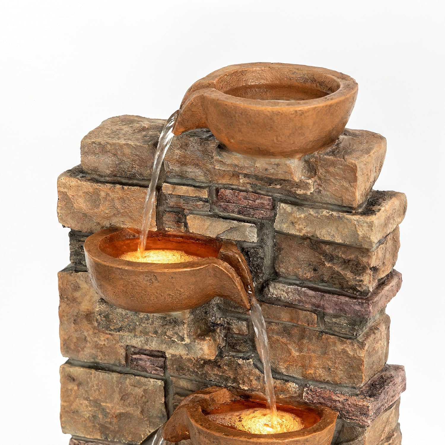 Teamson Home 28.5' Outdoor 4-Tier Stacked Stone Cascading Water Fountain with LED Lights, Brown
