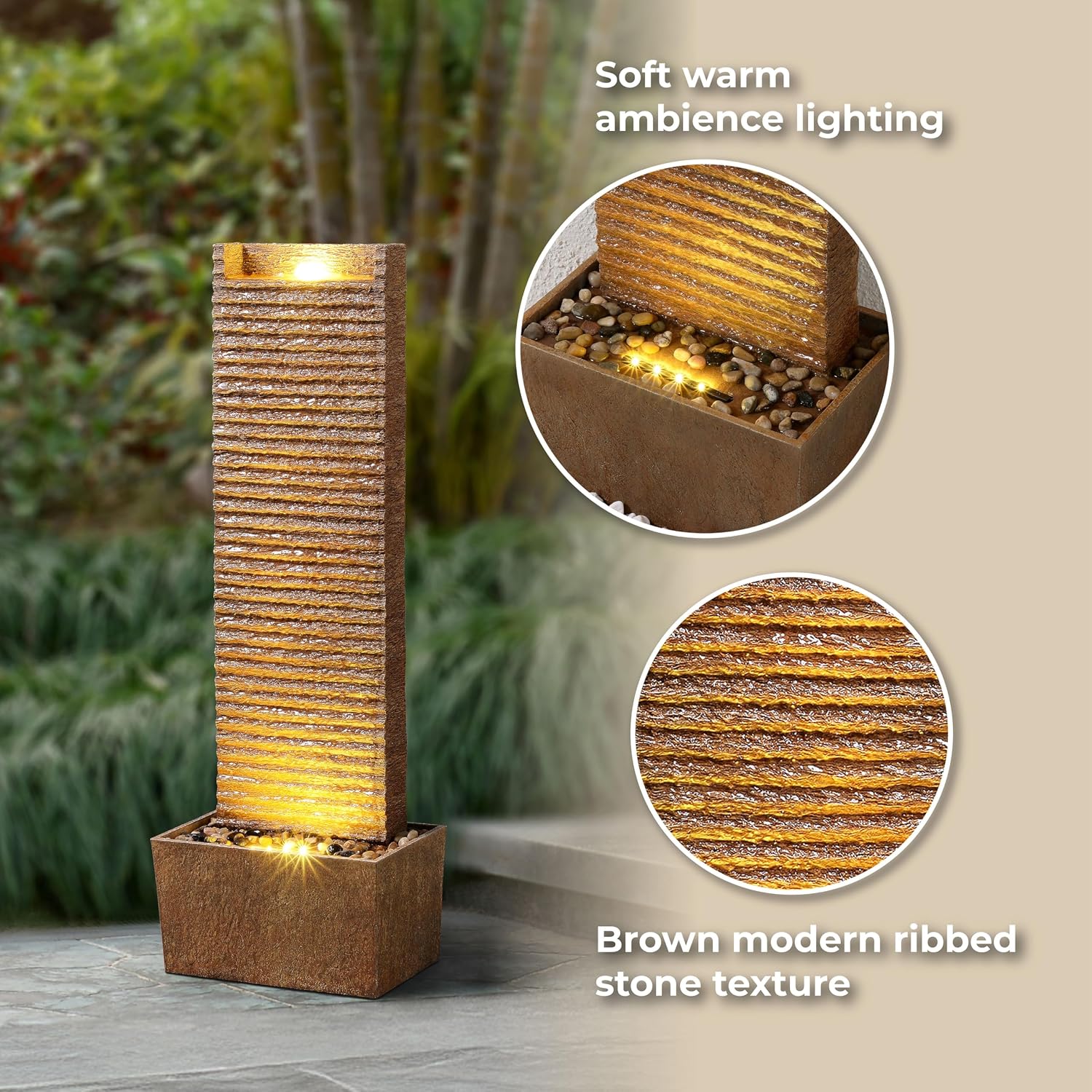 Teamson Home Ridged Texture Outdoor Water Fountain–Warm Glow Lighting with Built-in Electric Pump & Simple Setup, Brown
