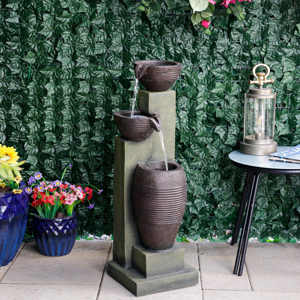 Alpine Corporation 32' Tall 3 Tier Basins Water Fountain with LED Lights, Waterfall Decor, Elegant Cascading Water Feature for Garden, Patio, Yard & Outdoor Spaces, Multi-Color