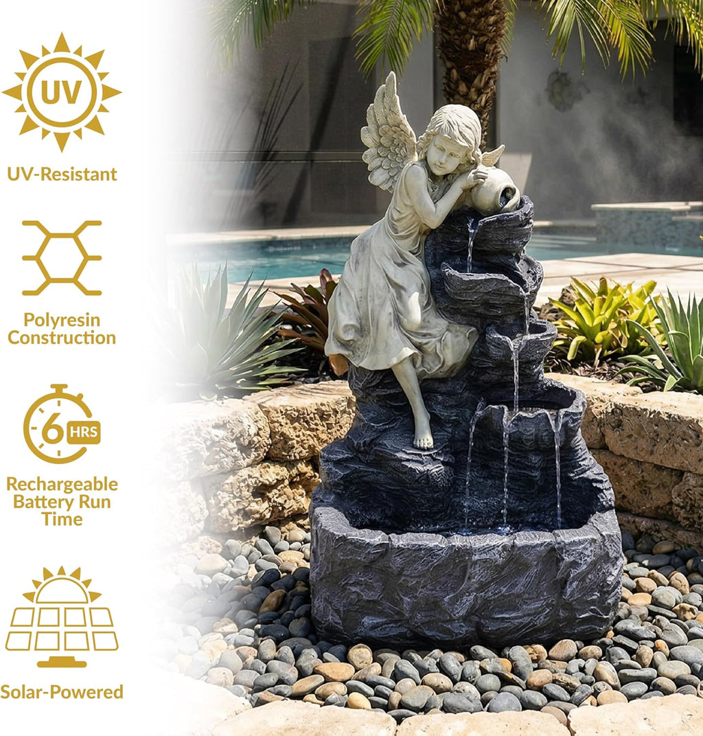 Sunnydaze Angel Falls 29-Inch Outdoor Solar Water Fountain - Outdoor Water Feature with LED Light for Garden, Patio, Yard or Balcony
