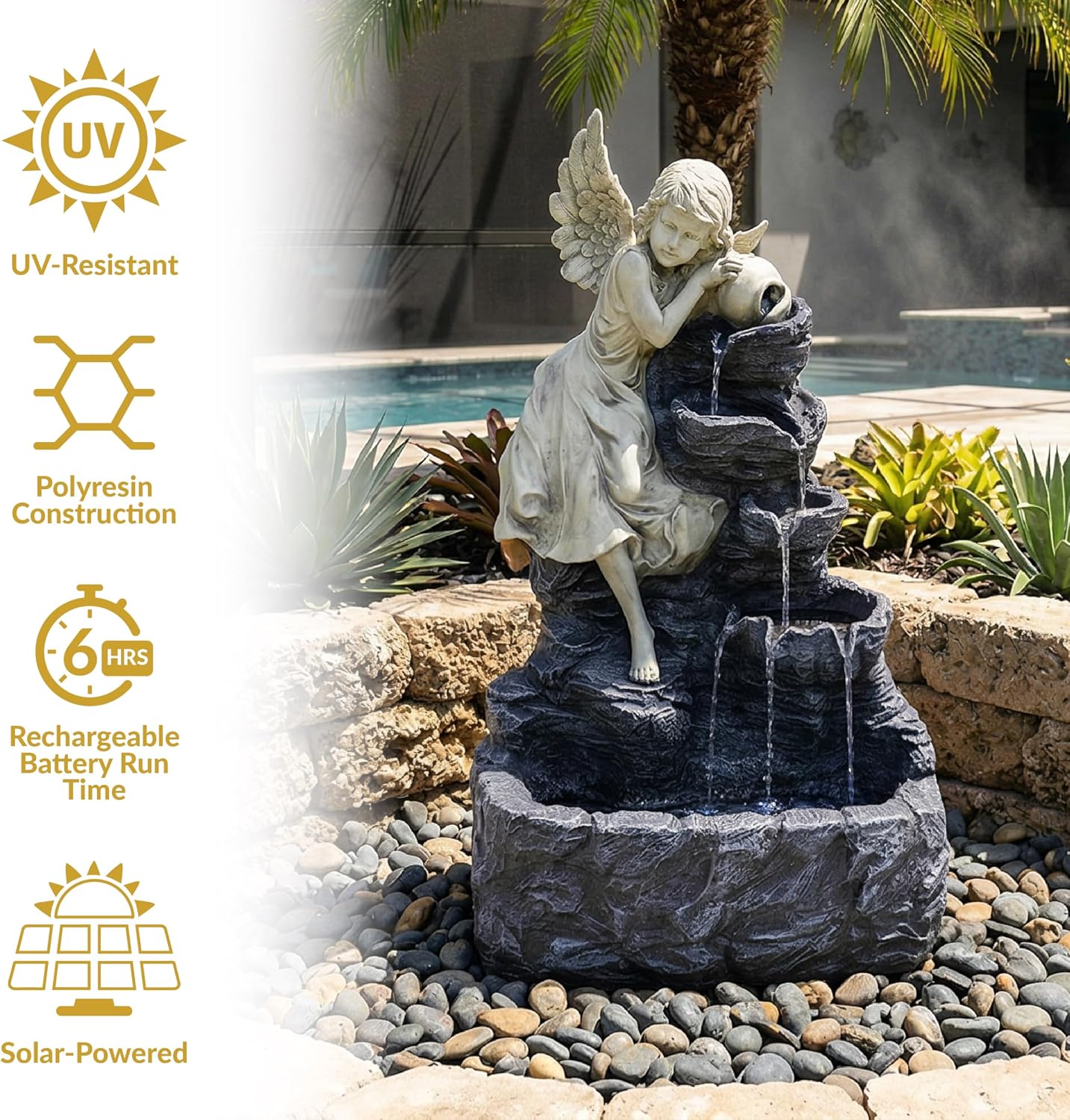 Sunnydaze Angel Falls 29-Inch Outdoor Solar Water Fountain - Outdoor Water Feature with LED Light for Garden, Patio, Yard or Balcony