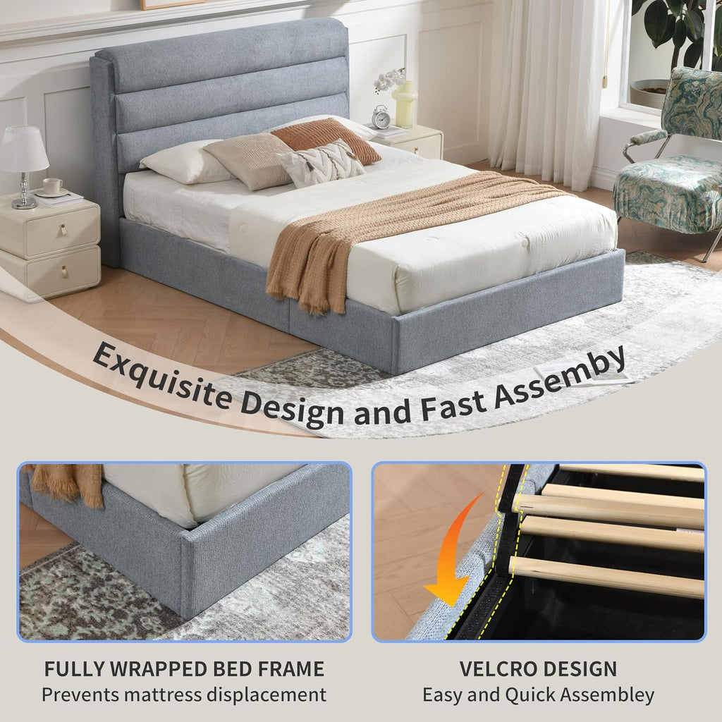 Lift Up Storage Bed Queen Size, Linen Upholstered Platform Bed with Hydraulic System & Wood Slats Support, Queen Bed Frame with 3-Panel Headboard, No Box Spring Needed, Easy Assembly, Baby Blue