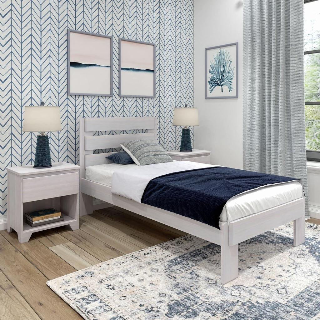 Plank+Beam Rustic Wood Twin Bed Frame, Platform Bed with Headboard, Slatted, White Wash
