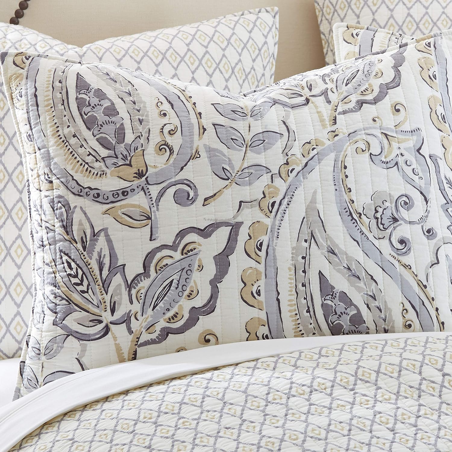 Levtex Home - Tamsin Grey Quilt Set - King Quilt + Two King Pillow Shams - Modern Paisley - Grey Taupe Off-White - Quilt Size (106x92in.) and Pillow Sham Size (36x20in.) - Reversible - Cotton