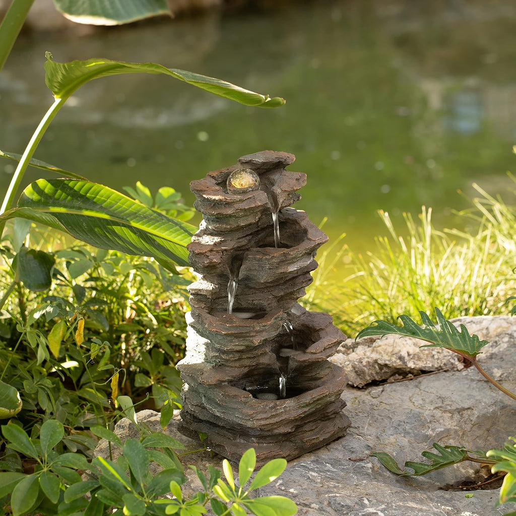 Gardenised Decorative 4 Tier Rock Look Water Fountain with LED Rolling Glow Ball for Home and Garden, Gray