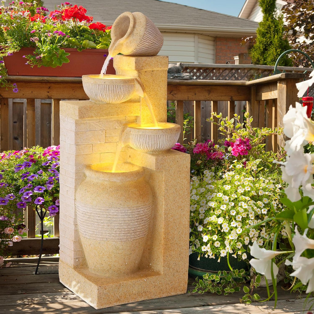 4-Tier Outdoor Indoor Water Feature Fountain, 32' H Indoor Cascading Waterfall with 3 LED Lights, Floor Standing Garden Fountain for Garden, Deck, Backyard, Patio, Yard (Yellow)