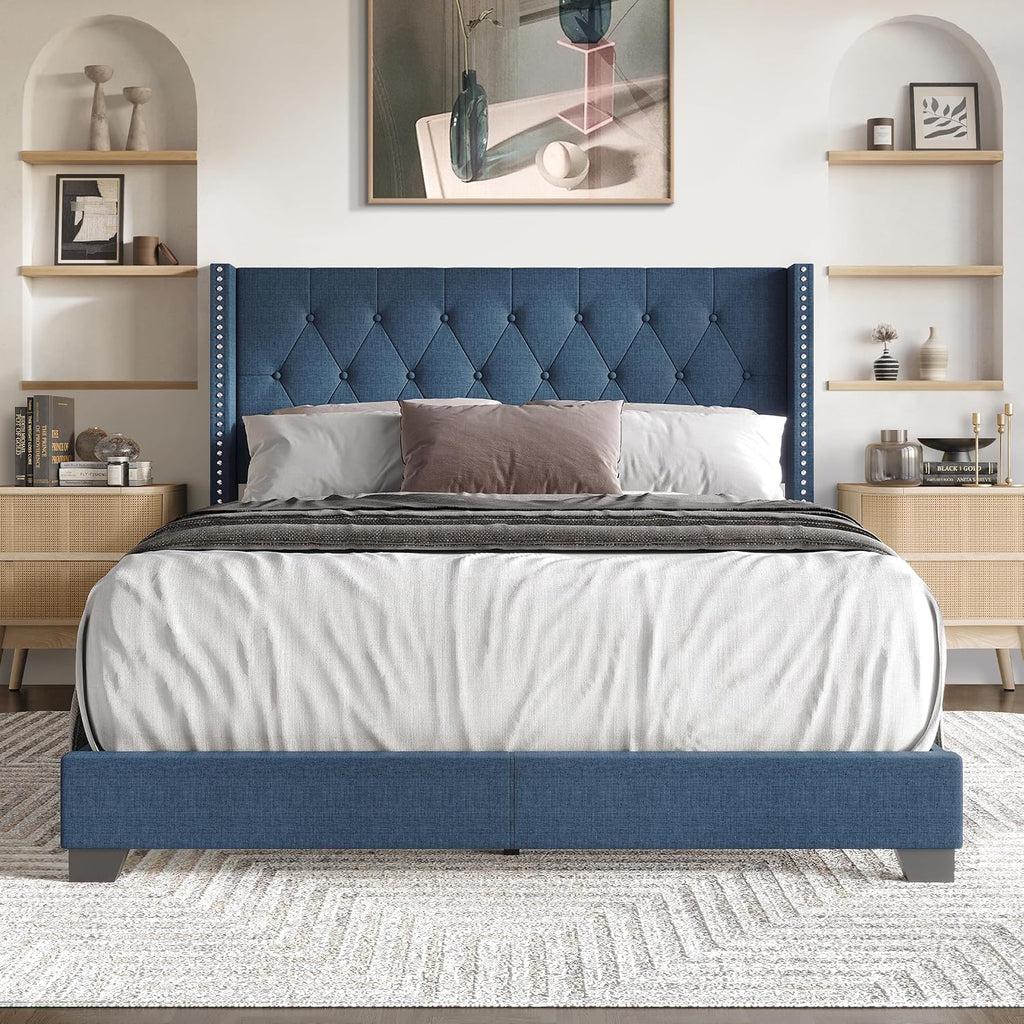 Queen Button Tufted Wingback Linen Upholstered Bed, Blue
