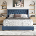 Queen Button Tufted Wingback Linen Upholstered Bed, Blue