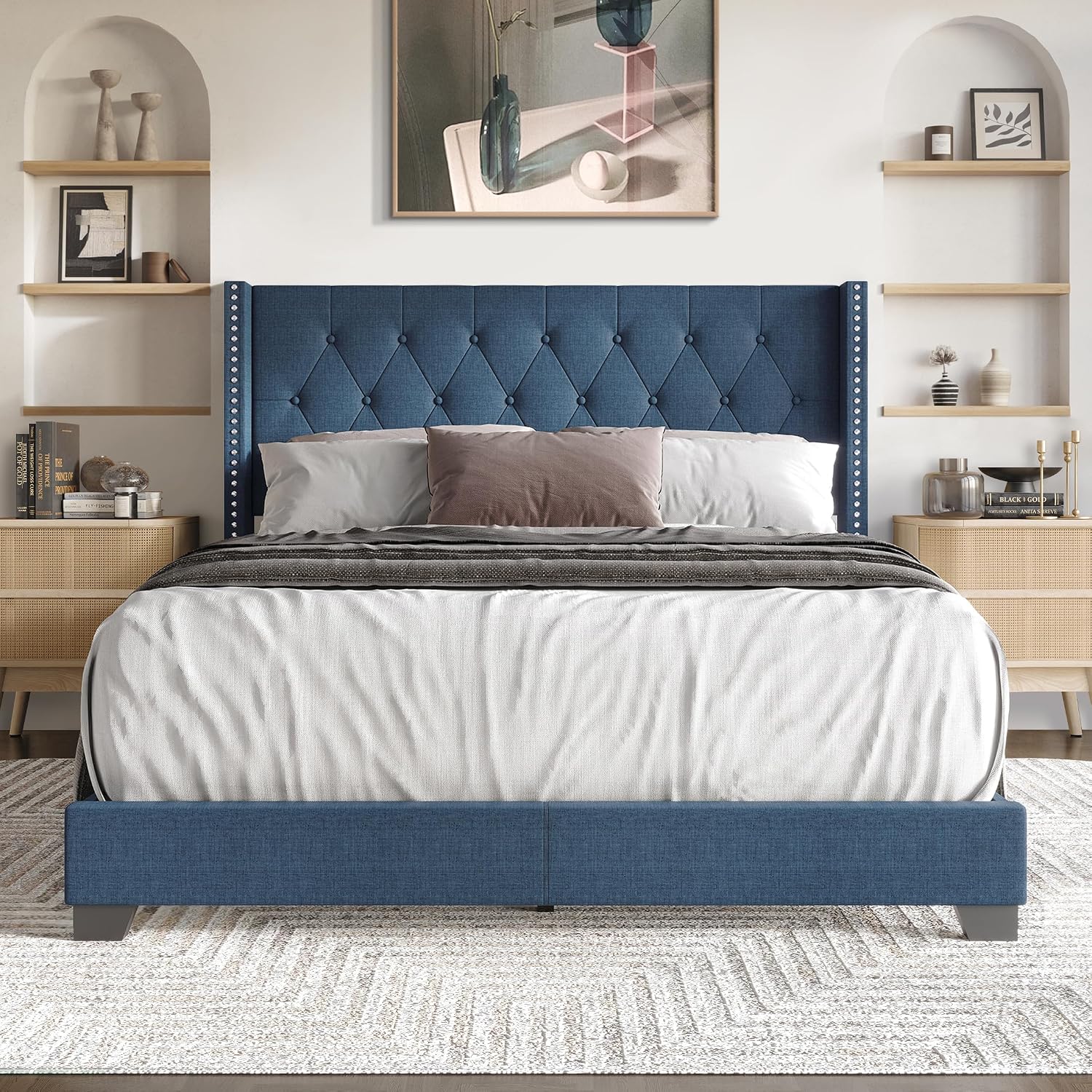 Queen Button Tufted Wingback Linen Upholstered Bed, Blue