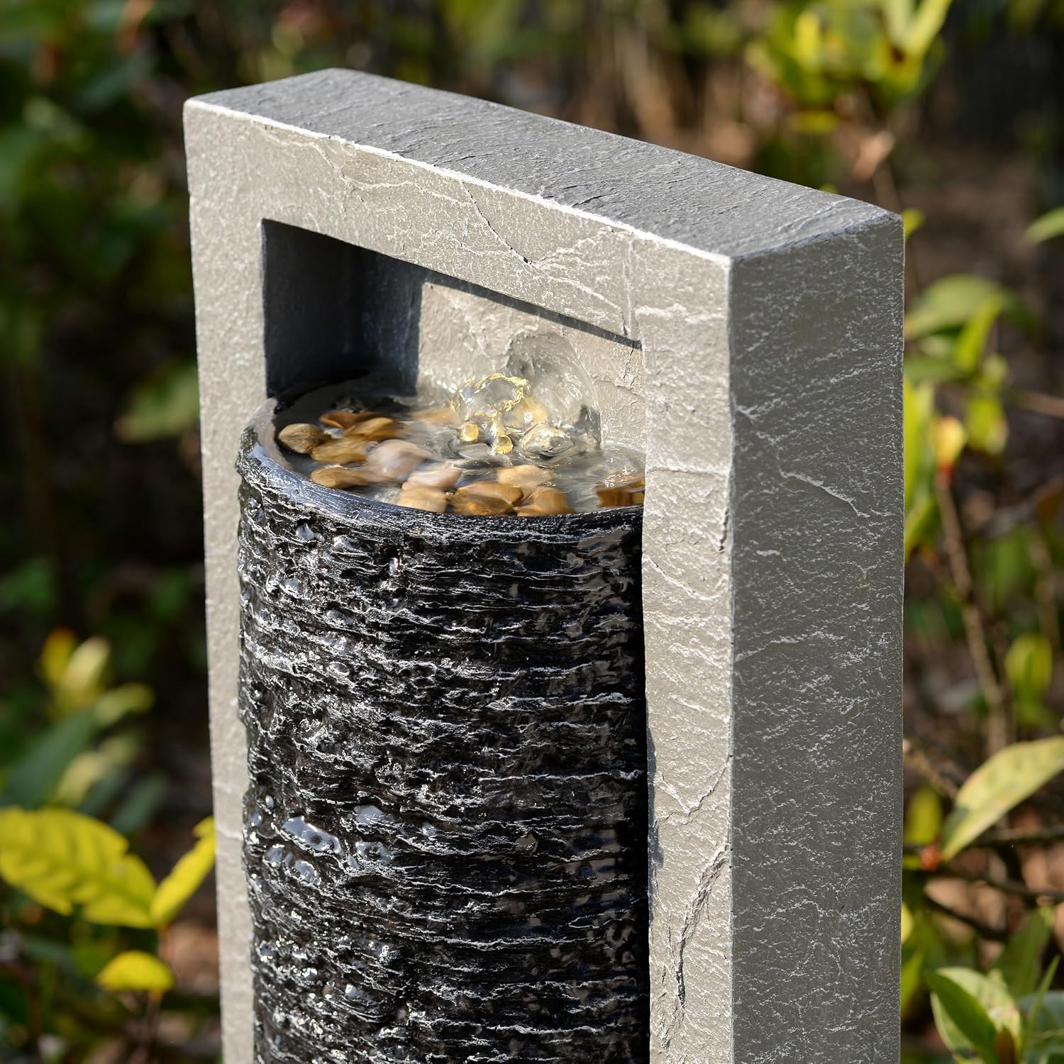 Teamson Home Framed Layered Rock Design Outdoor Water Fountain–Warm Glow Lighting with Steady Flow & Electric Pump, Dark Gray