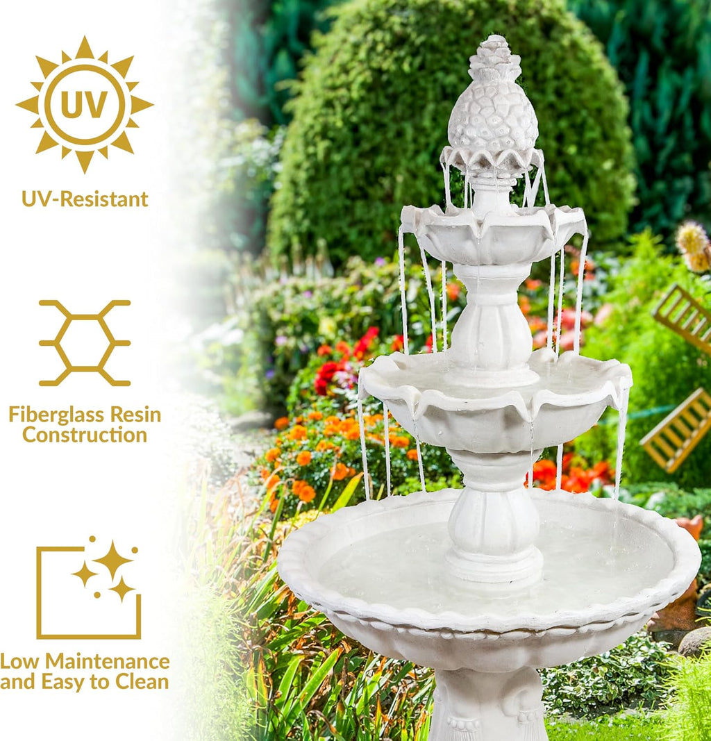 Sunnydaze 57' H Welcome 3-Tier Water Fountain - Large Electric Water Fountain with Pineapple Topper for Garden, Patio or Yard - White