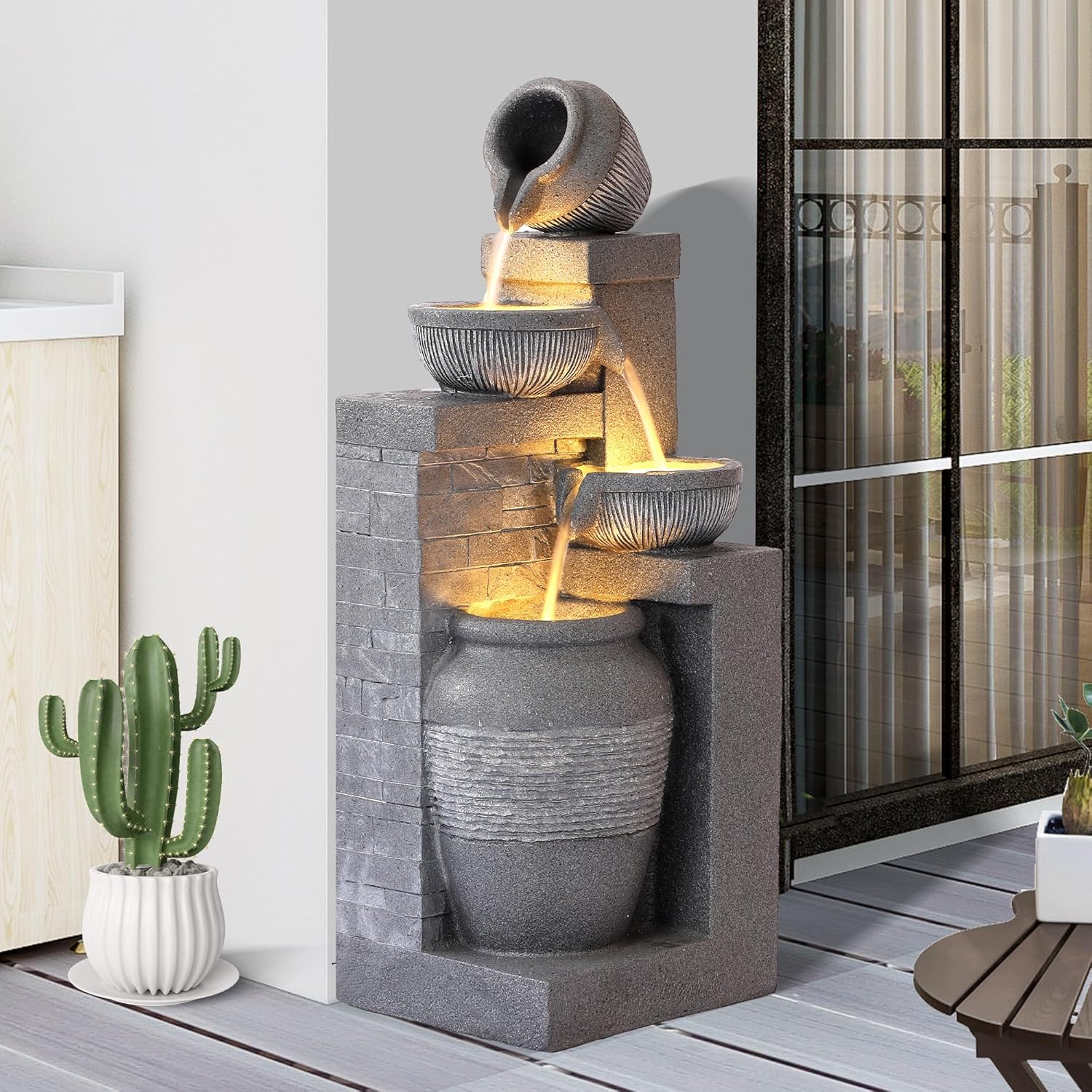 32' Outdoor/Indoor Garden Water Fountains, 4 Tiers Cascading Resin Fountains and Waterfalls with LEDs & Bowls, Modern Floor-Standing Patio Fountain for Porch, Deck, Yard (Grey)