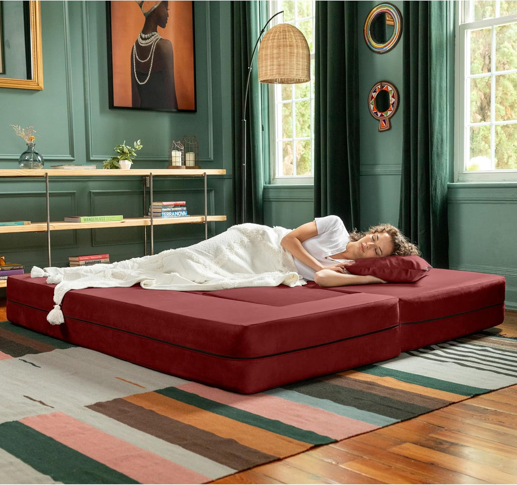 Jaxx Zipline Convertible Sleeper Sofa & Three Ottomans/California King-Size Bed, Textured Microvelvet - Berry Red