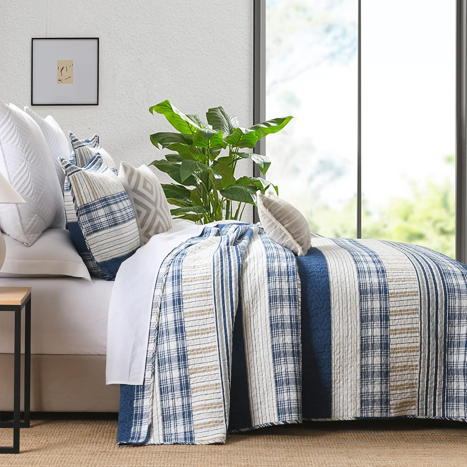 Homzard 100% Cotton Qult Set, California King 118'' x 106'' Oversized Bedspread Set with 2 Pillow Shams, Blue White Tan Bedding Comforter Set, Plaid Striped Coverlet Sets Reversible Bed Set | Oeko-Tex Certified