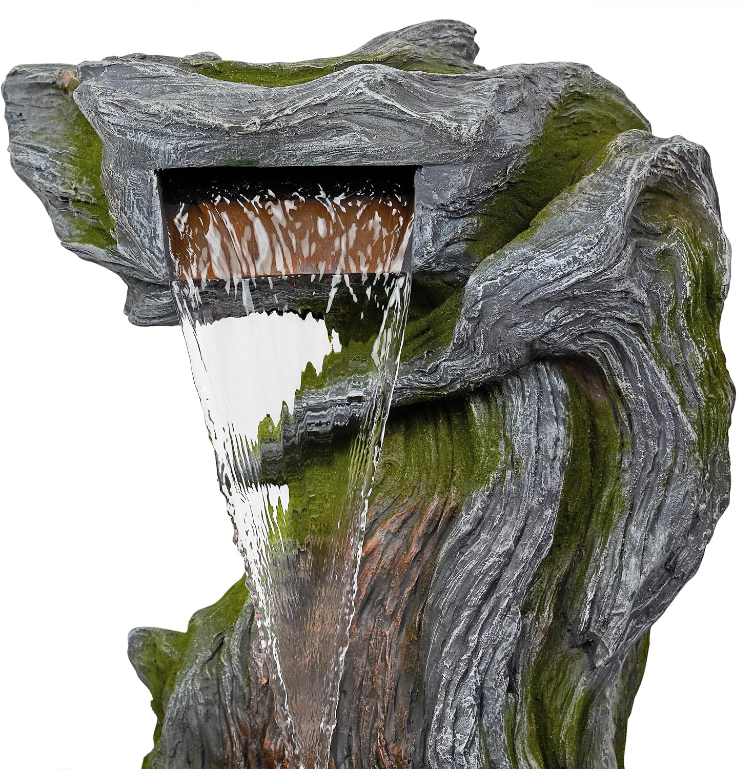 Alpine Corporation WIN1628 32' Outdoor Tree Bark Water Fountain with Color-Changing LED Lights, Cascading Waterfall Garden Fountain for Backyard, Patio & Outdoor Décor, Gray