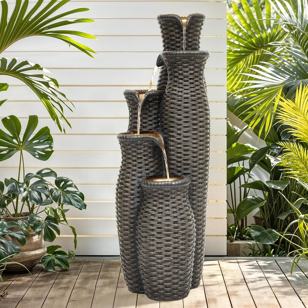 33' H Outdoor Water Fountain with LED Lights, Faux Rattan Vase Water Feature with 5-Tier Cascading Waterfall, Durable Polyresin Decor for Tranquil Oasis in Garden, Patio, Yard