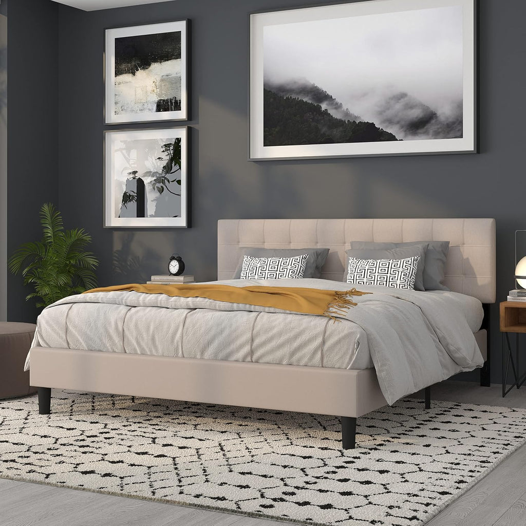 Flash Furniture Bedford Box Stitch Tufted Upholstered King Size Headboard in Beige Fabric