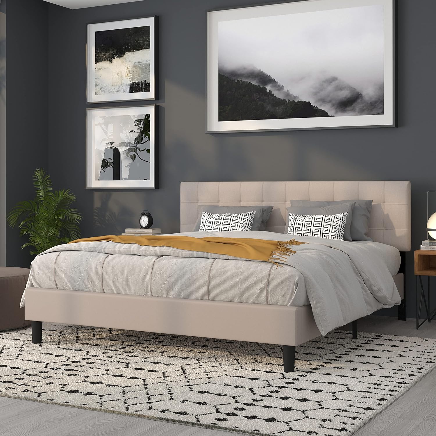 Flash Furniture Bedford Box Stitch Tufted Upholstered King Size Headboard in Beige Fabric