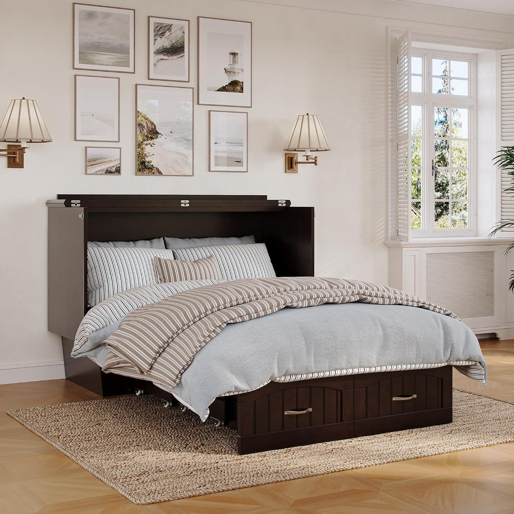 AFI, Nantucket Full Size Murphy Bed Chest with Mattress, Built-in Charging Station and Storage Drawer, Full, Espresso