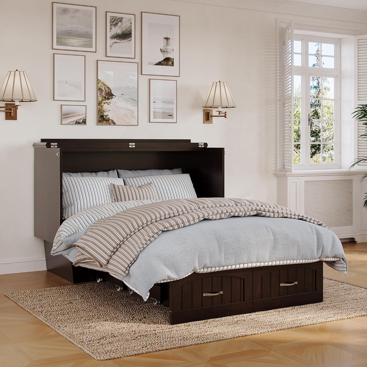 AFI, Nantucket Full Size Murphy Bed Chest with Mattress, Built-in Charging Station and Storage Drawer, Full, Espresso