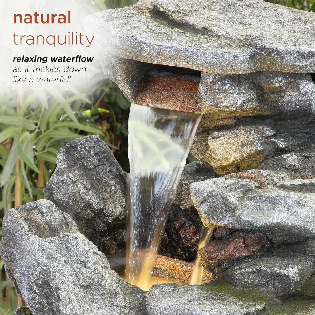 Alpine Corporation 41' Tall Outdoor Cascading Rainforest Rock Waterfall Floor Fountain with LED for Gardens, Patios, and Yards, Brown