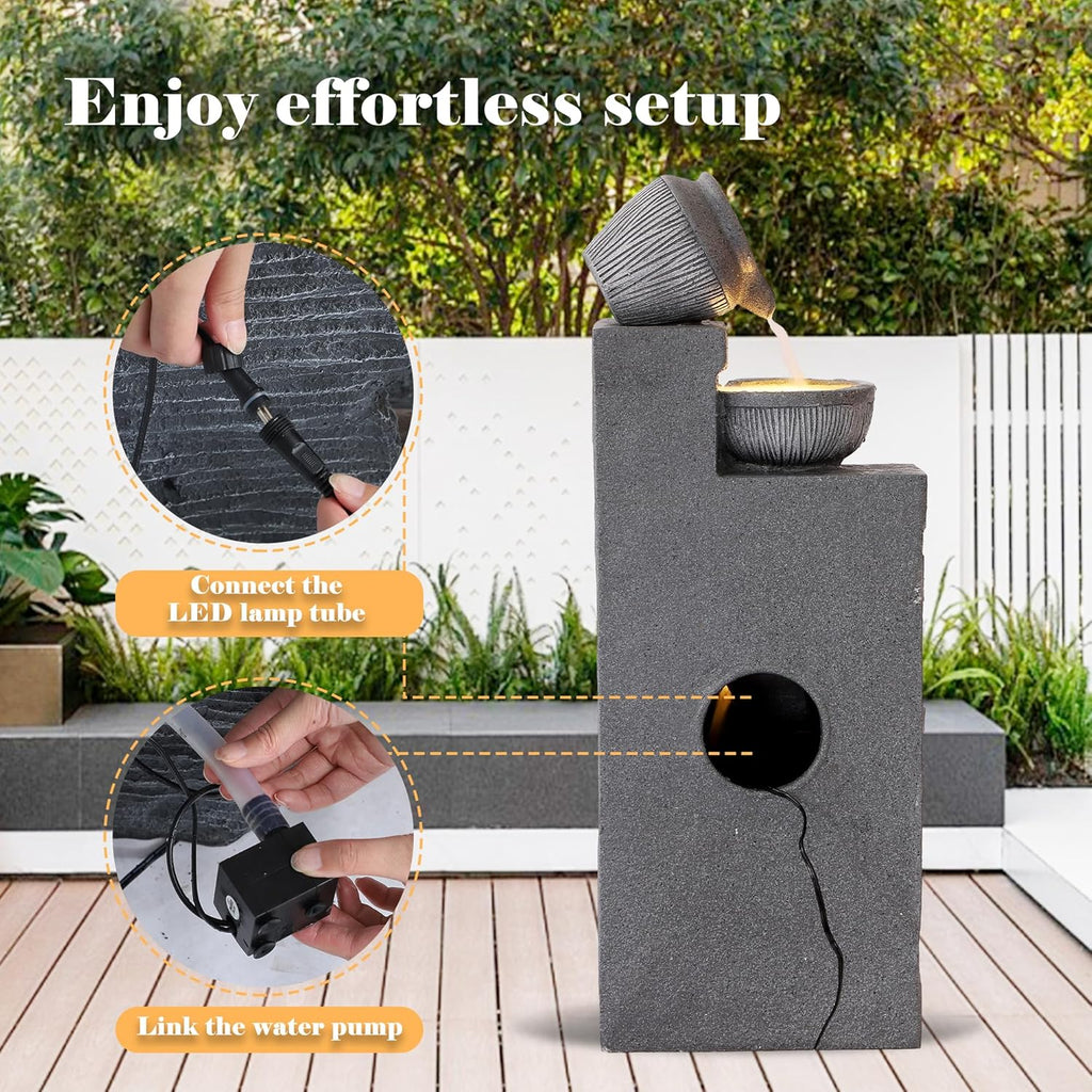 32' Outdoor/Indoor Garden Water Fountains, 4 Tiers Cascading Resin Fountains and Waterfalls with LEDs & Bowls, Modern Floor-Standing Patio Fountain for Porch, Deck, Yard (Grey)