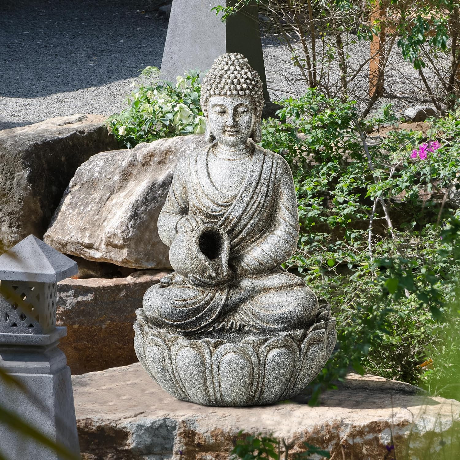Glitzhome Buddha Fountain Outdoor 20.5' H, 2-Tier Zen Style Concrete Meditating Buddha Statues Water Fountains with Pump & LED Light, Buddhas Floor Fountains Sculpture for Garden Patio Backyard