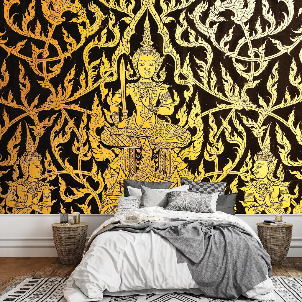 wall26 Black and Gold Traditional Thai Temple Painting - Ornate Wall Decoration Wall Mural, Removable Sticker, Home Decor - 100x144 inches