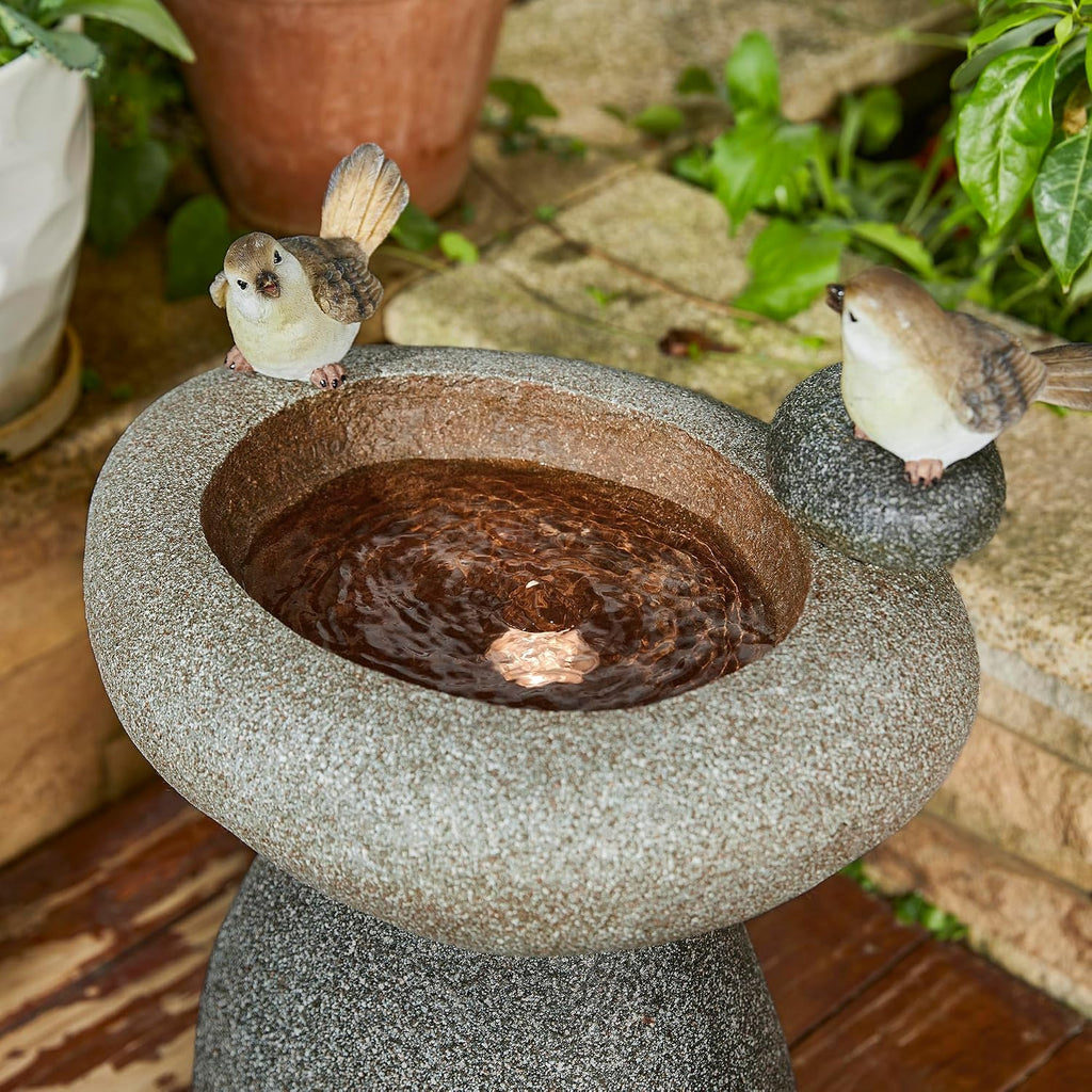 Glitzhome 20.75' H Water Fountain with LED Light and Pump, Zen Style Faux Stone Texture Birdbath Outdoor Fountains with Birds Decor, Floor Fountain for Porch Deck Patio Backyard