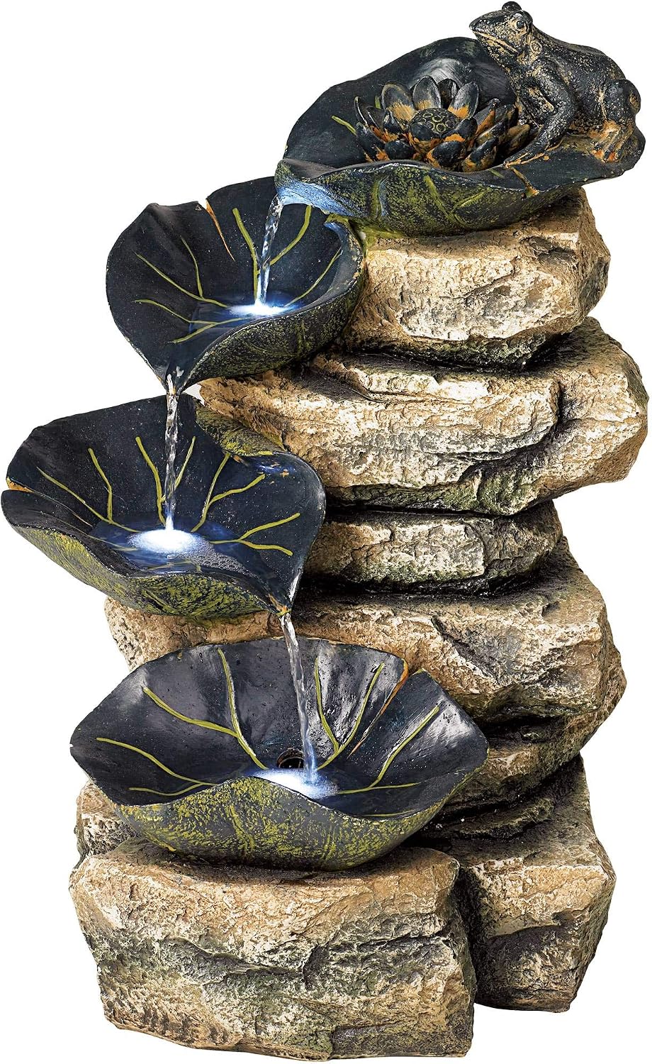 Frog and Four Lily Pad 21' High Large Rustic Indoor Outdoor Cottage Core Decor Faux Stone Floor Fountain with Light LED Standing Waterfall Water Feature for Outside Garden Patio Yard - John Timberland