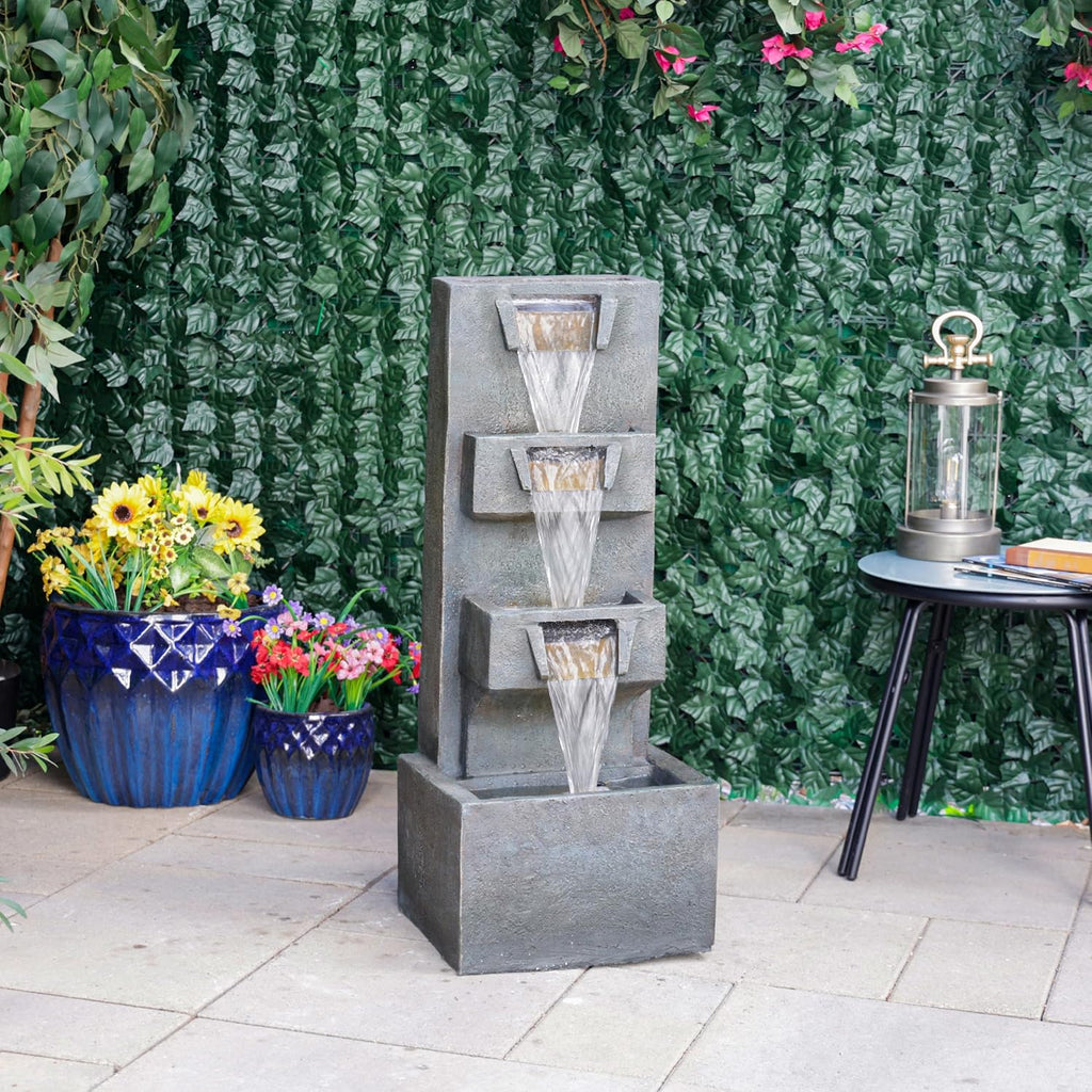 Alpine Corporation TZL406 33' 3 Tier Basin Cascading Fountain with LED Lights, Outdoor Water Feature for Garden, Patio, Backyard & Home Decor, Elegant Waterfall Design, Gray
