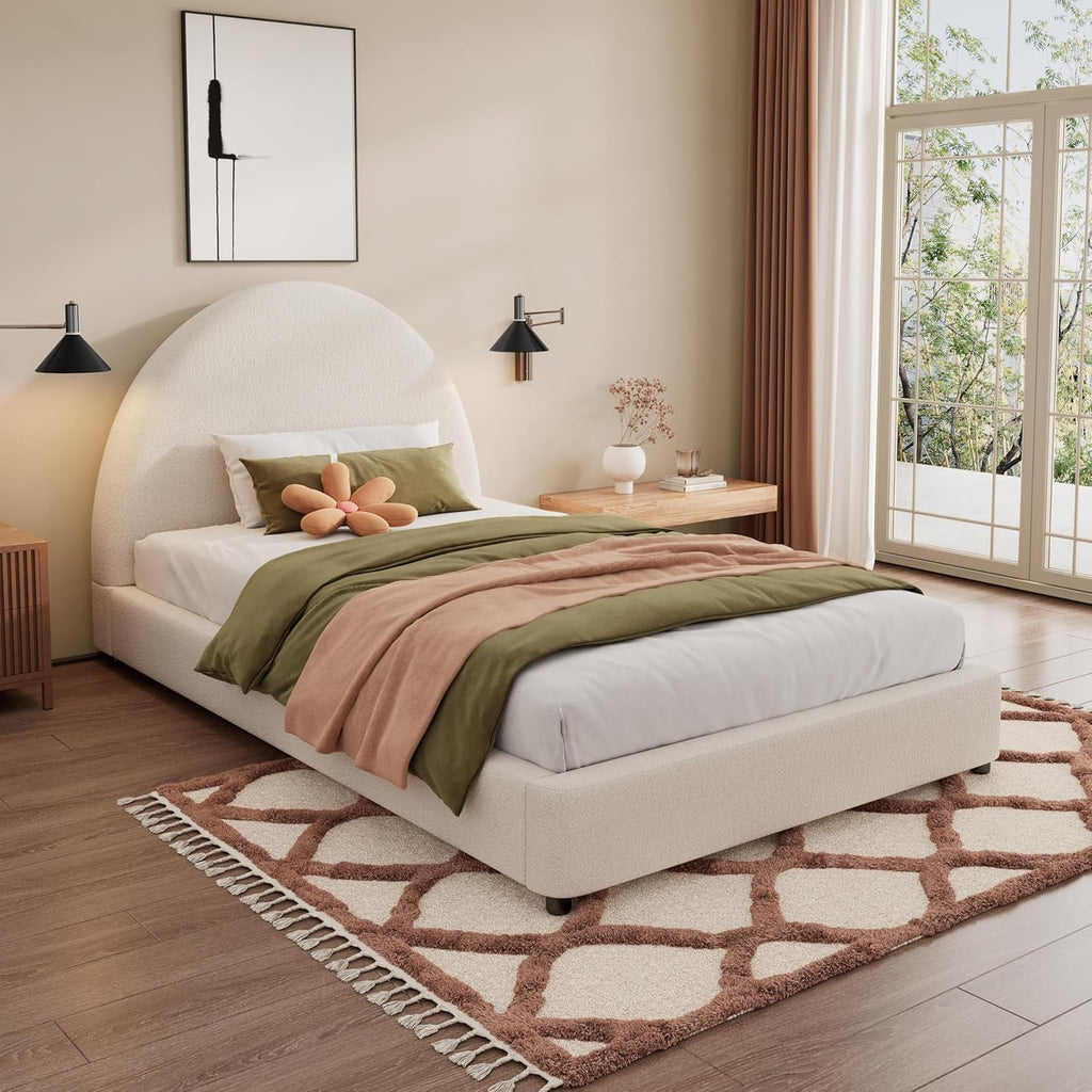 JIVOIT Modern Twin Size Bed Frame with Curved Round Headboard, Boucle Upholstered Platform Bed Frame with Sturdy Support Slats, No Box Spring Needed