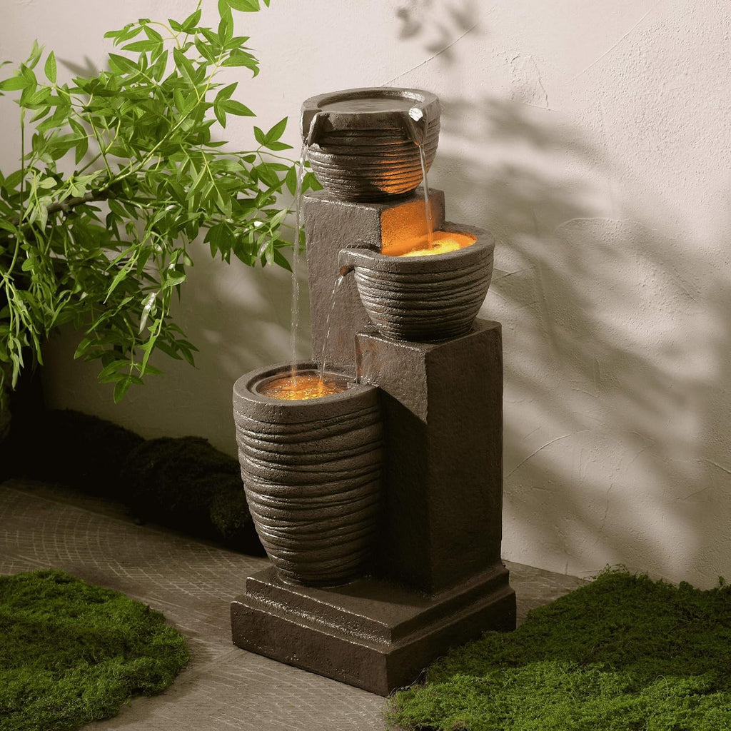 Teamson Home Horizontal Ribbed Pattern Outdoor Water Fountain–Warm Glow Lighting with Adjustable Flow & Electric Pump, Warm Gray