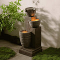 Teamson Home Horizontal Ribbed Pattern Outdoor Water Fountain–Warm Glow Lighting with Adjustable Flow & Electric Pump, Warm Gray