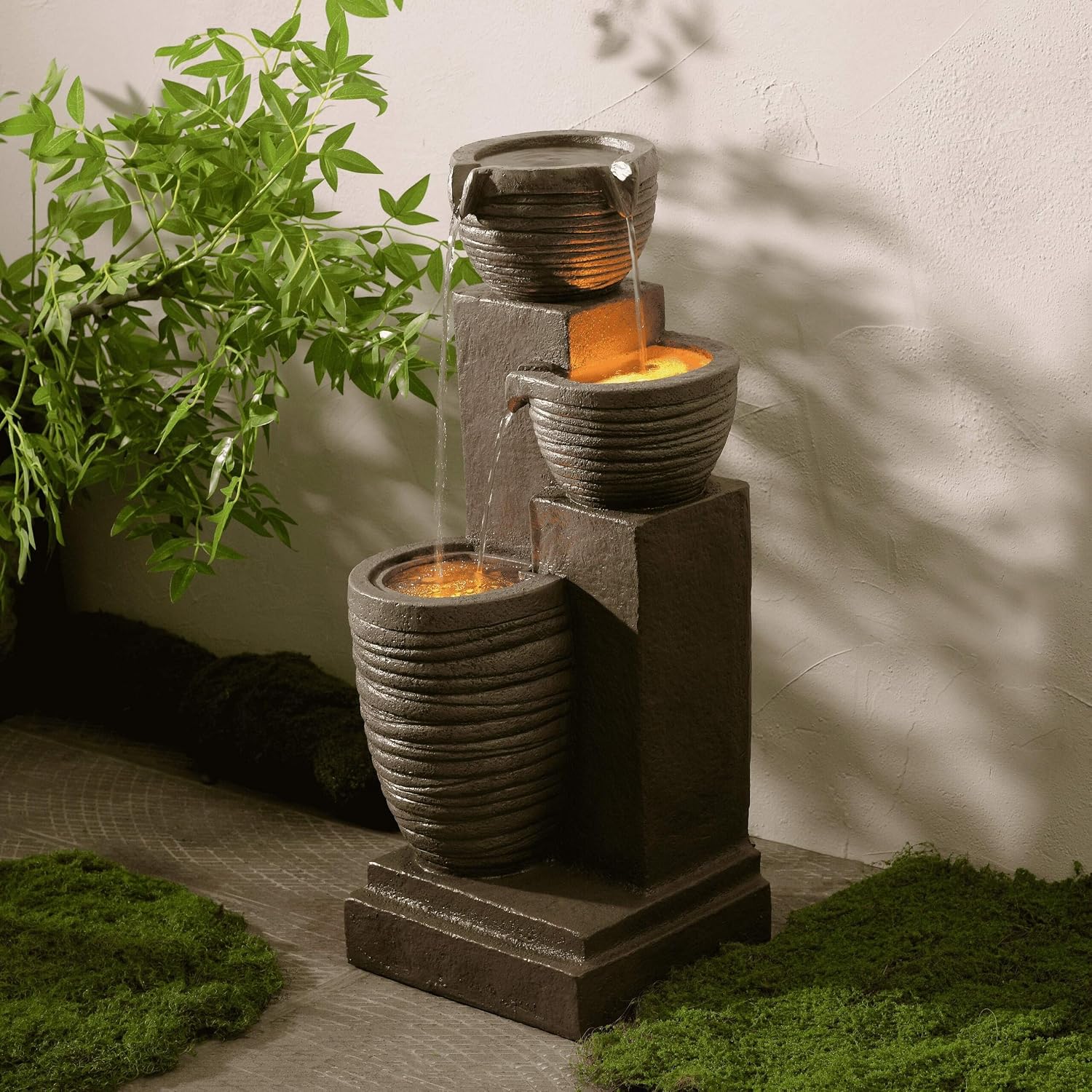 Teamson Home Horizontal Ribbed Pattern Outdoor Water Fountain–Warm Glow Lighting with Adjustable Flow & Electric Pump, Warm Gray