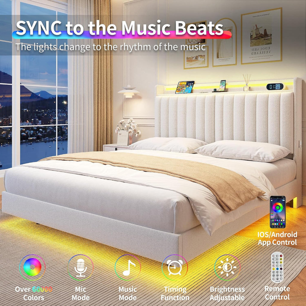 Jocoevol Full Size Floating Bed Frame with Ergonomic Hidden Storage Headboard and LED Lights, Visual Floating LED Bed Frame with Charing Station, Velvet Upholstered Platform Bed, Heavy Duty, White