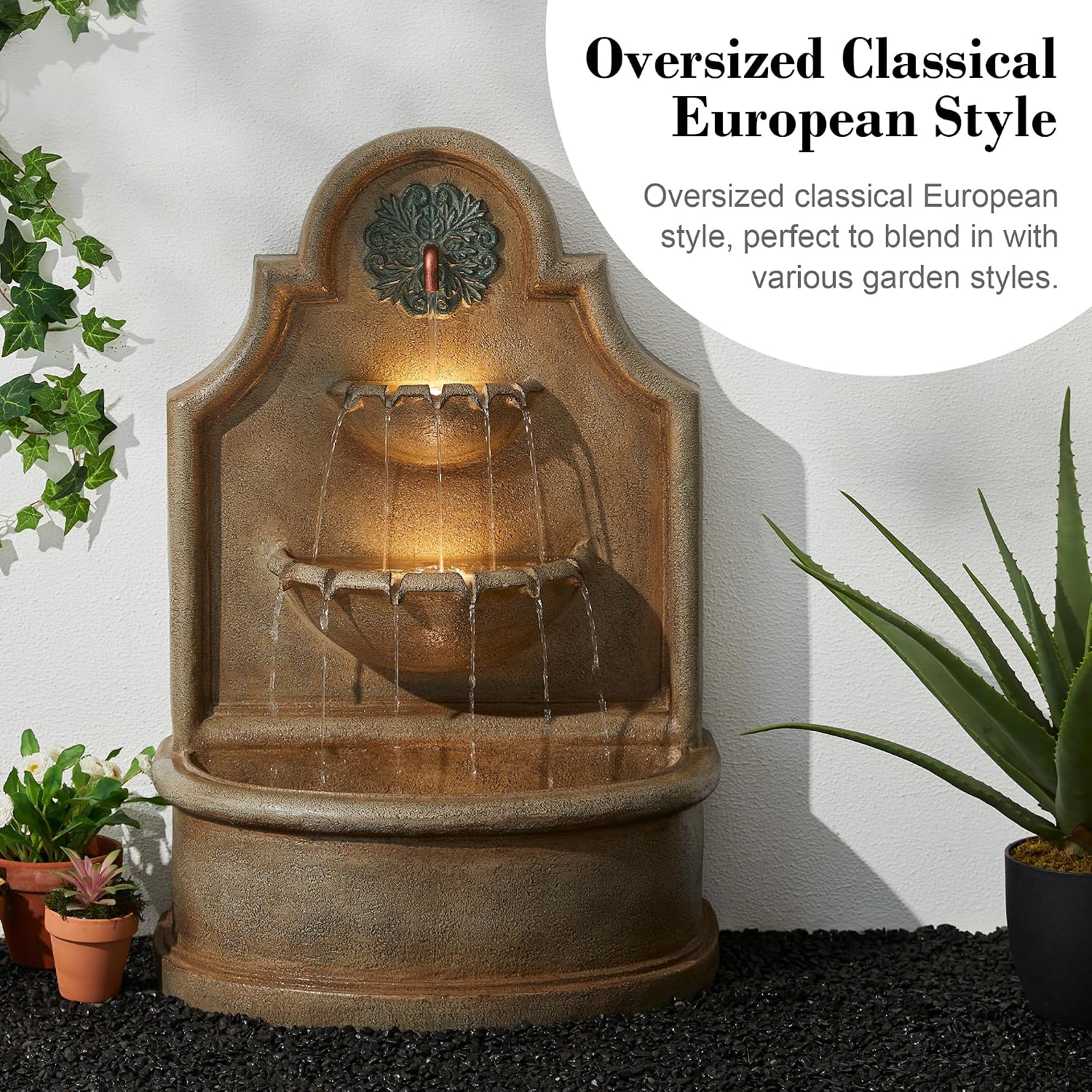 Glitzhome 37.25' H Outdoor Garden Water Fountain with LED Lights and Pump, Oversized Antique European Style 3-Tier Polyresin Cascading Floor-Standing Fountain for Porch Deck Patio Backyard Decoration