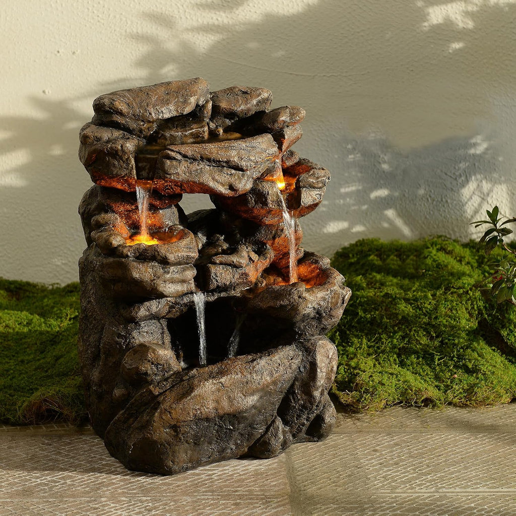 Outdoor Waterfall Fountain 20.5' Tiered with LED Lights, Natural Rock Design, Weatherproof Resin – Waterfall Fountain for Garden, Patio, Yard 24393