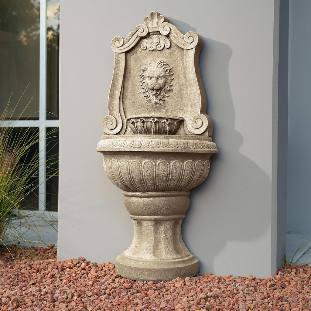 Xbrand 52.4' Sandstone Lion Head Floor Fountain, Two-Tier Outdoor Water Feature, Durable Resin Construction
