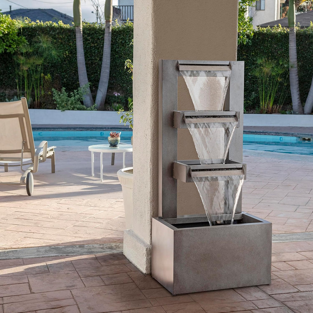 Alpine Corporation 43' Tall Multi-Tier Waterfall Fountain - Industrial Style Water Feature for Garden, Patio, Yard, Backyard, Relaxing Water Flow, and Serene Landscaping, Gray